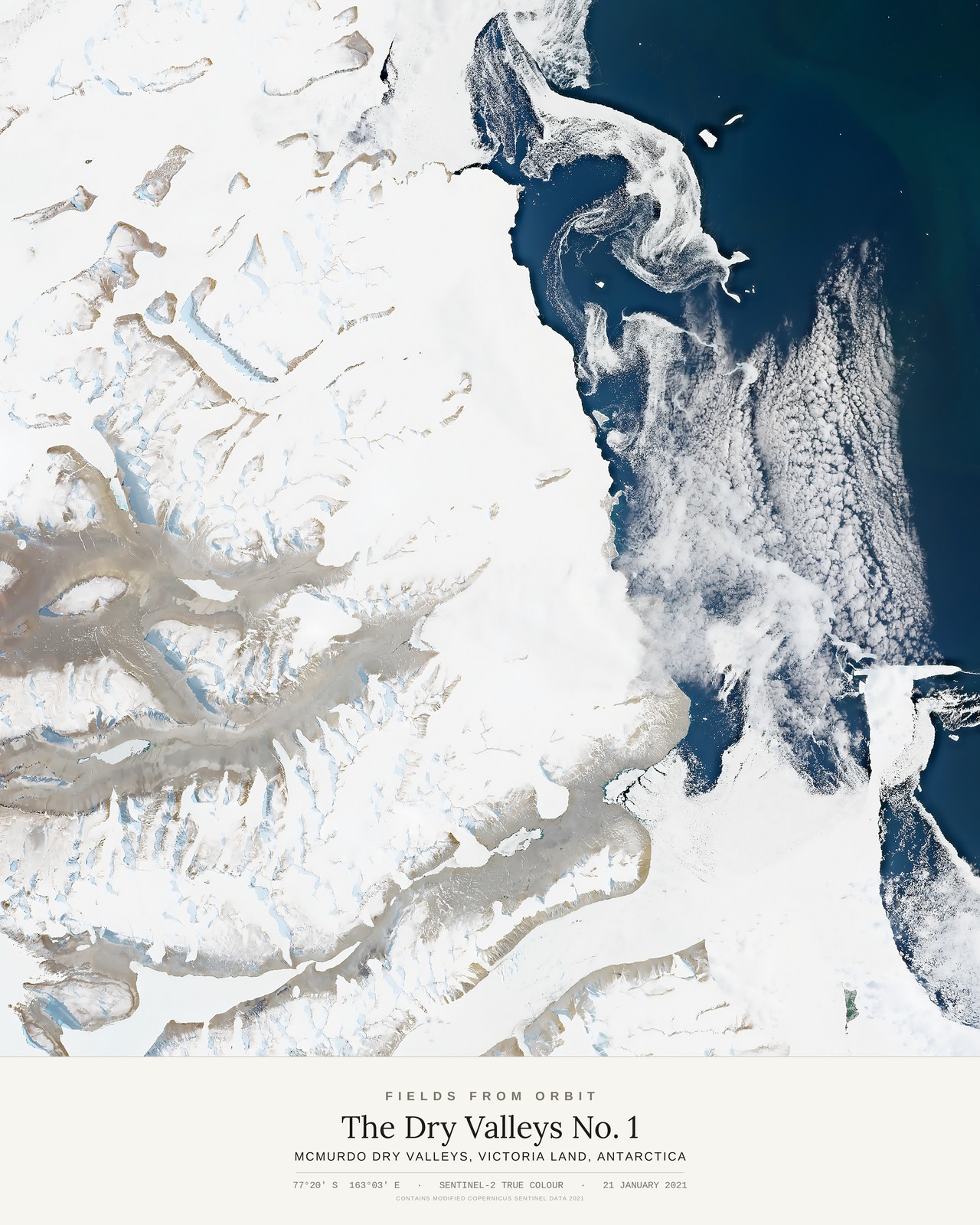 The Dry Valleys No. 1 — satellite art poster of McMurdo Dry Valleys, Victoria Land, Antarctica, shown with its museum label