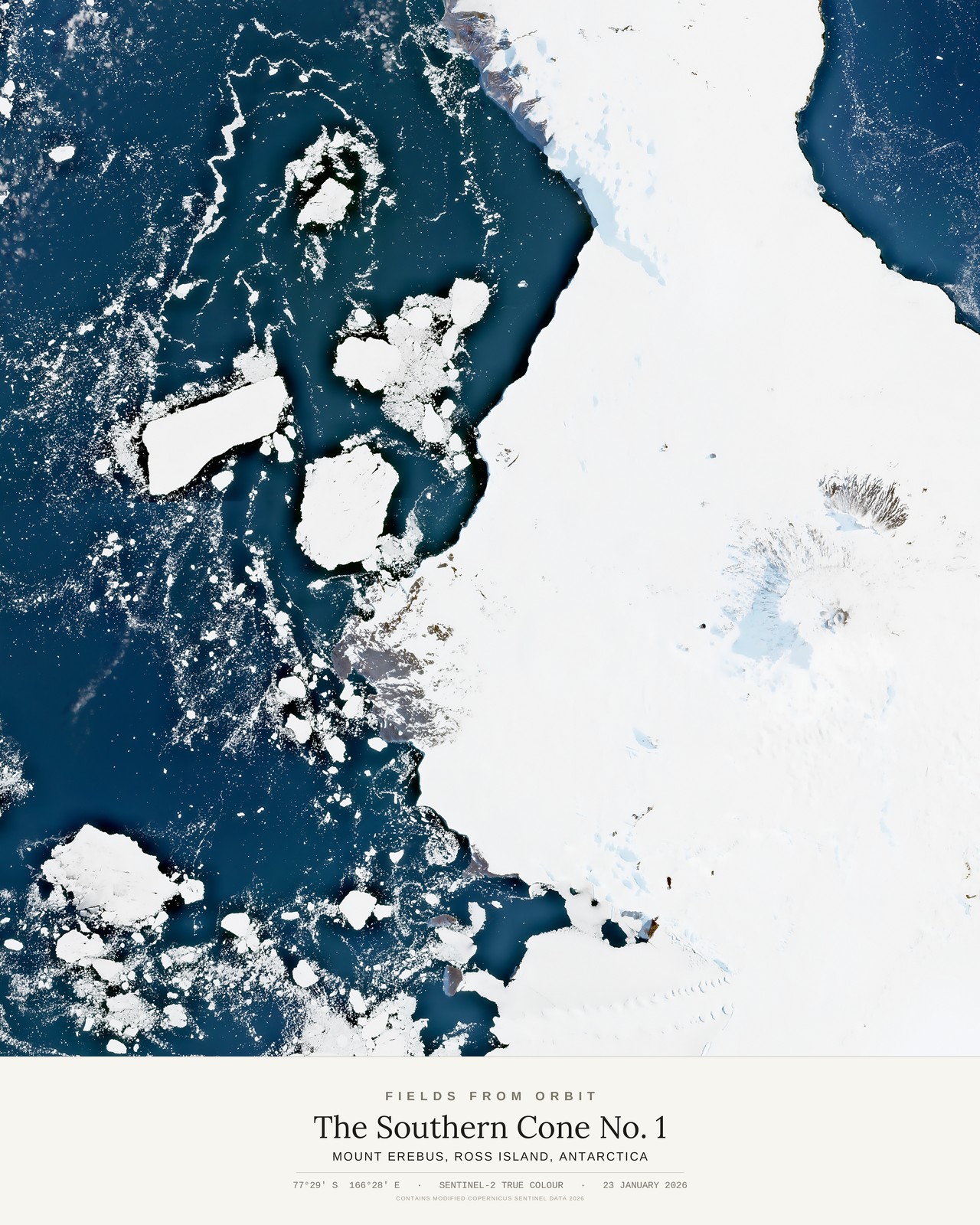 The Southern Cone No. 1 — satellite art poster of Mount Erebus, Ross Island, Antarctica, shown with its museum label
