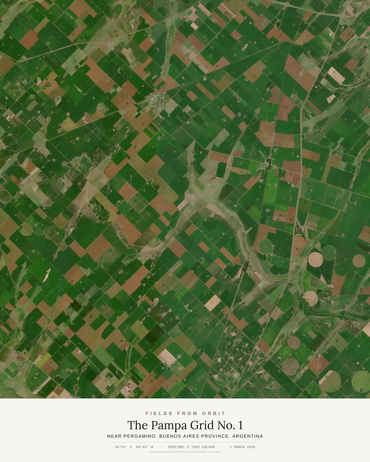 The Pampa Grid No. 1 — satellite art poster of Near Pergamino, Buenos Aires Province, Argentina, shown with its museum label