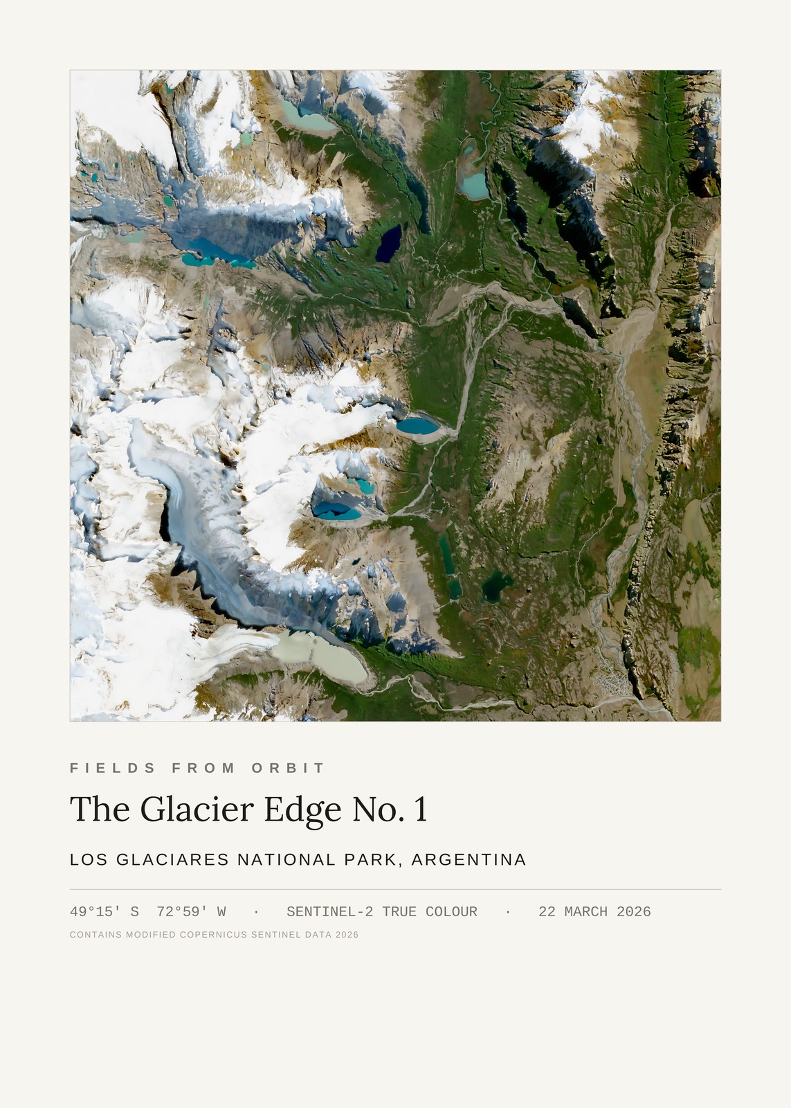 The Glacier Edge No. 1 — satellite art poster of Los Glaciares National Park, Argentina, shown with its museum label
