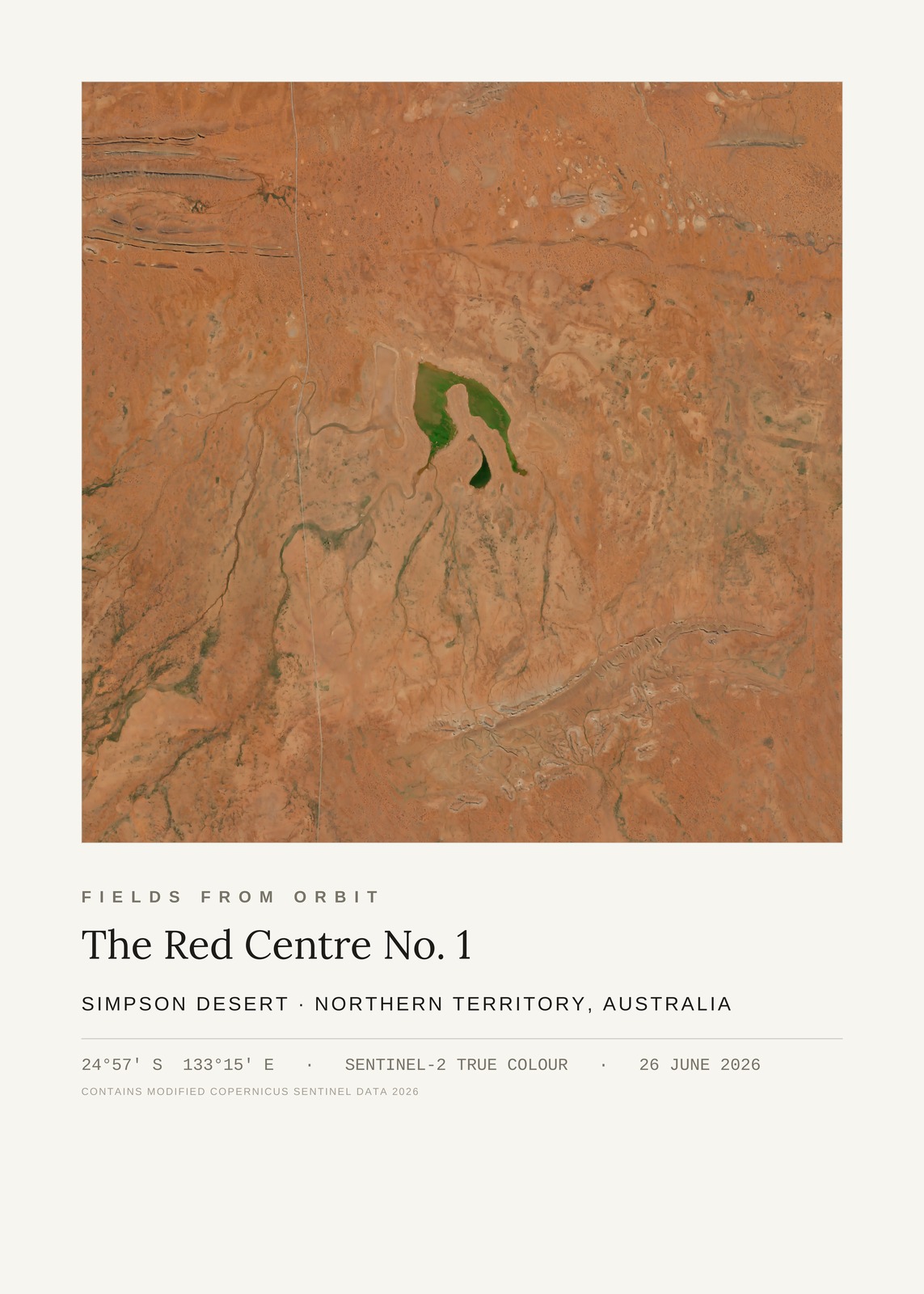 The Red Centre No. 1 — satellite art poster of Simpson Desert claypan, Northern Territory, Australia, shown with its museum label