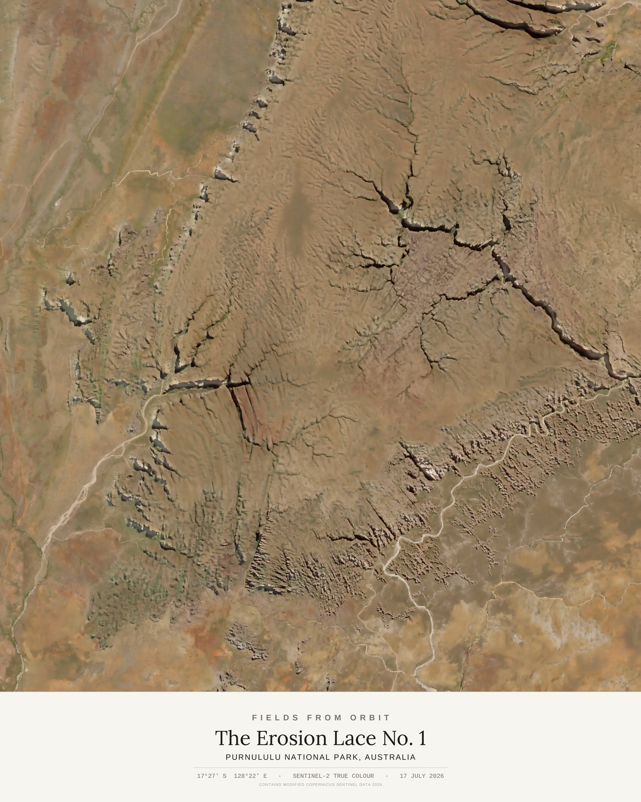 The Erosion Lace No. 1 — satellite art poster of Purnululu National Park, Australia, shown with its museum label