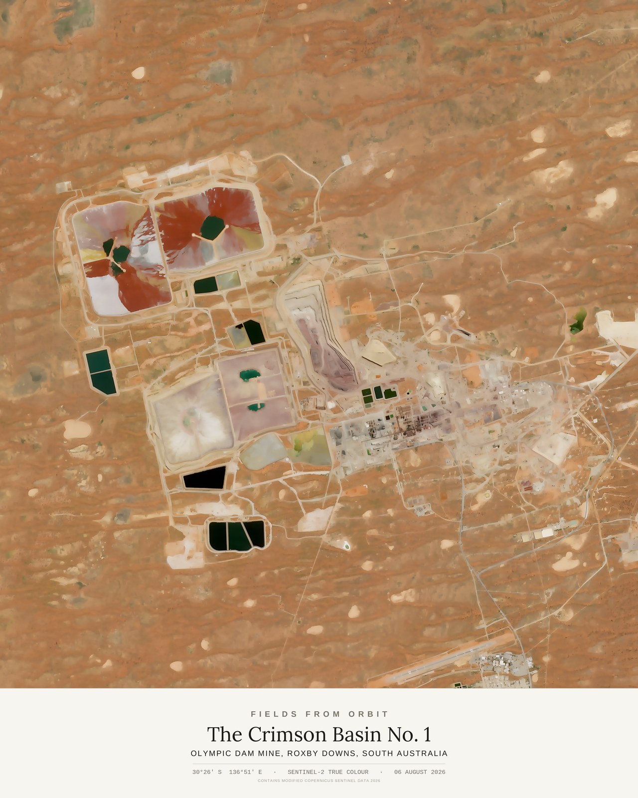 The Crimson Basin No. 1 — satellite art poster of Olympic Dam Mine, Roxby Downs, South Australia, shown with its museum label