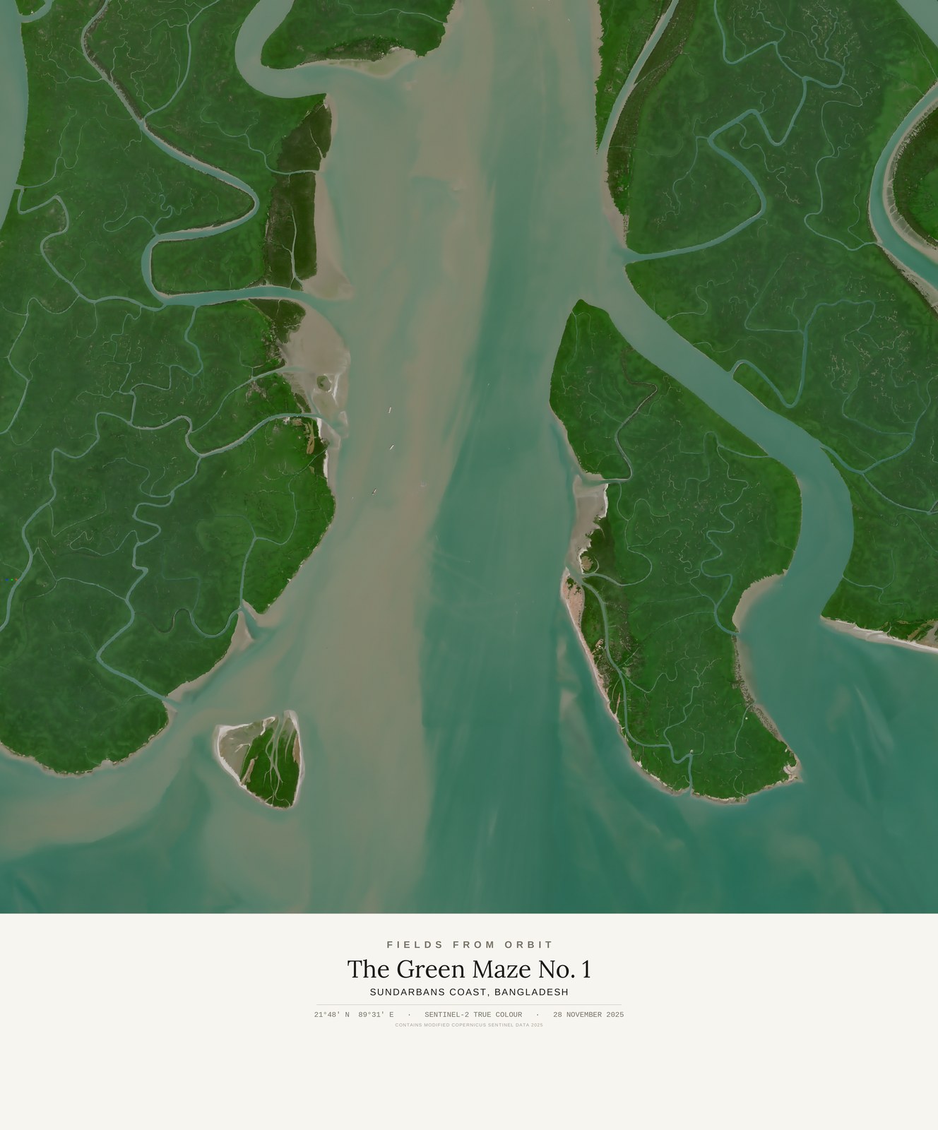 The Green Maze No. 1 — satellite art print of Sundarbans coast · Bangladesh, shown with its museum label