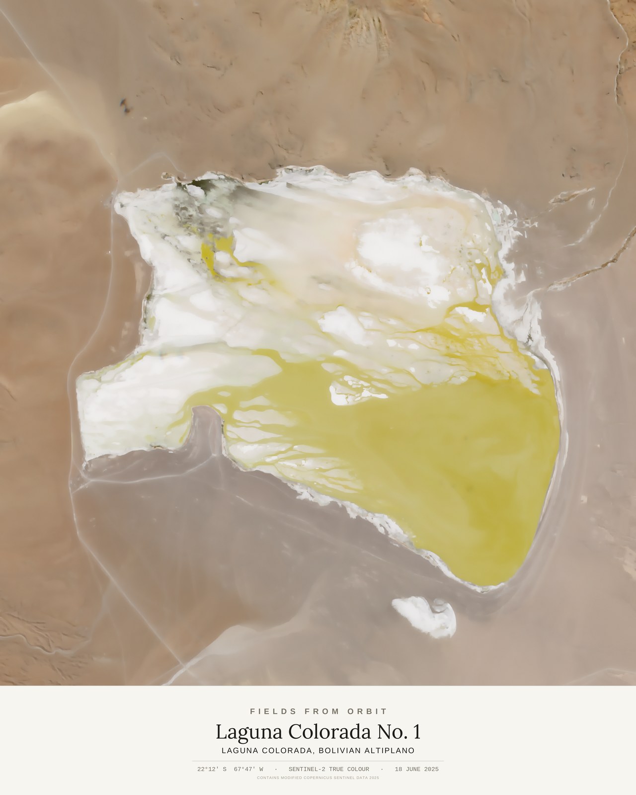Laguna Colorada No. 1 — satellite art poster of Laguna Colorada, Bolivian altiplano, shown with its museum label