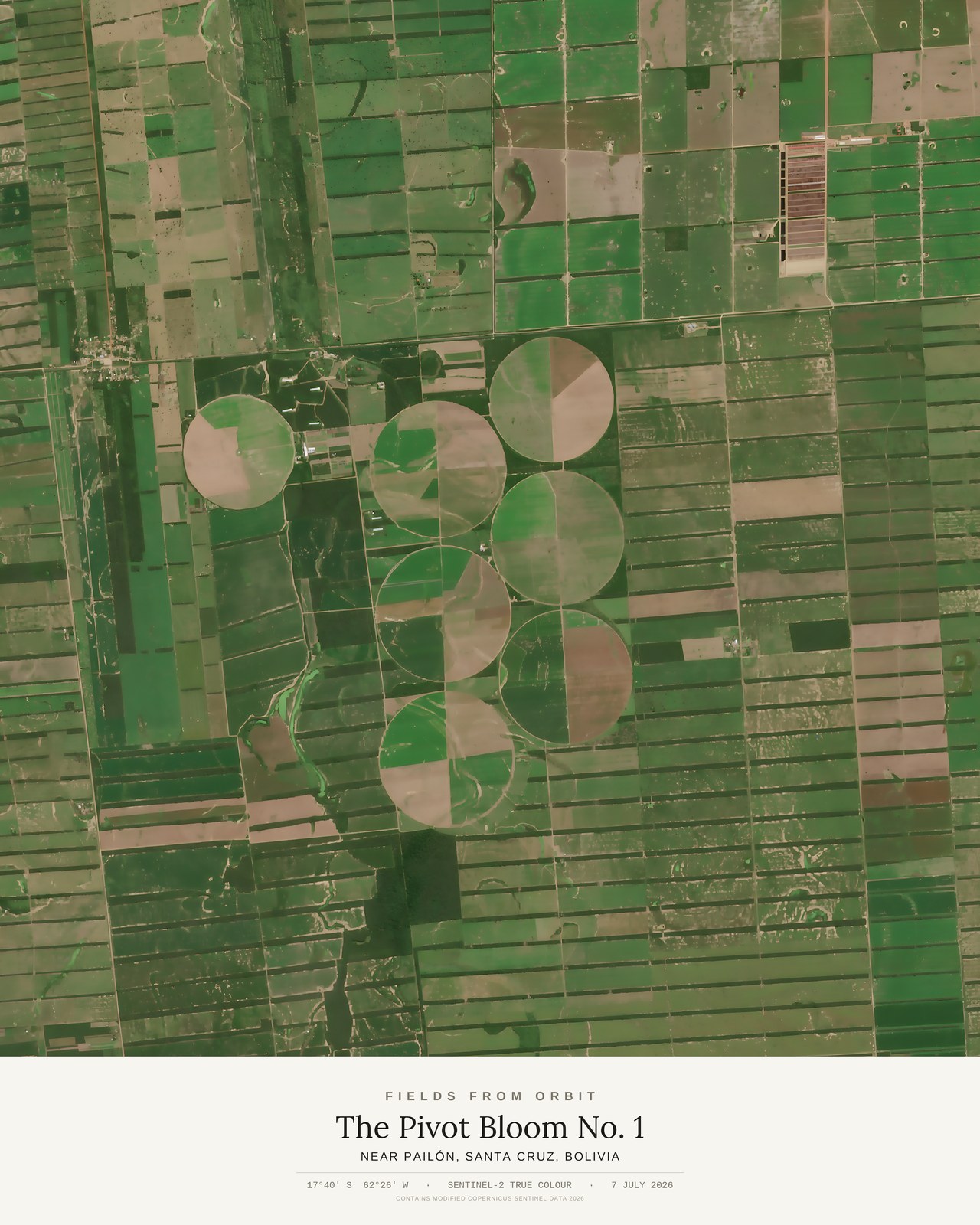 The Pivot Bloom No. 1 — satellite art poster of Near Pailón, Santa Cruz, Bolivia, shown with its museum label