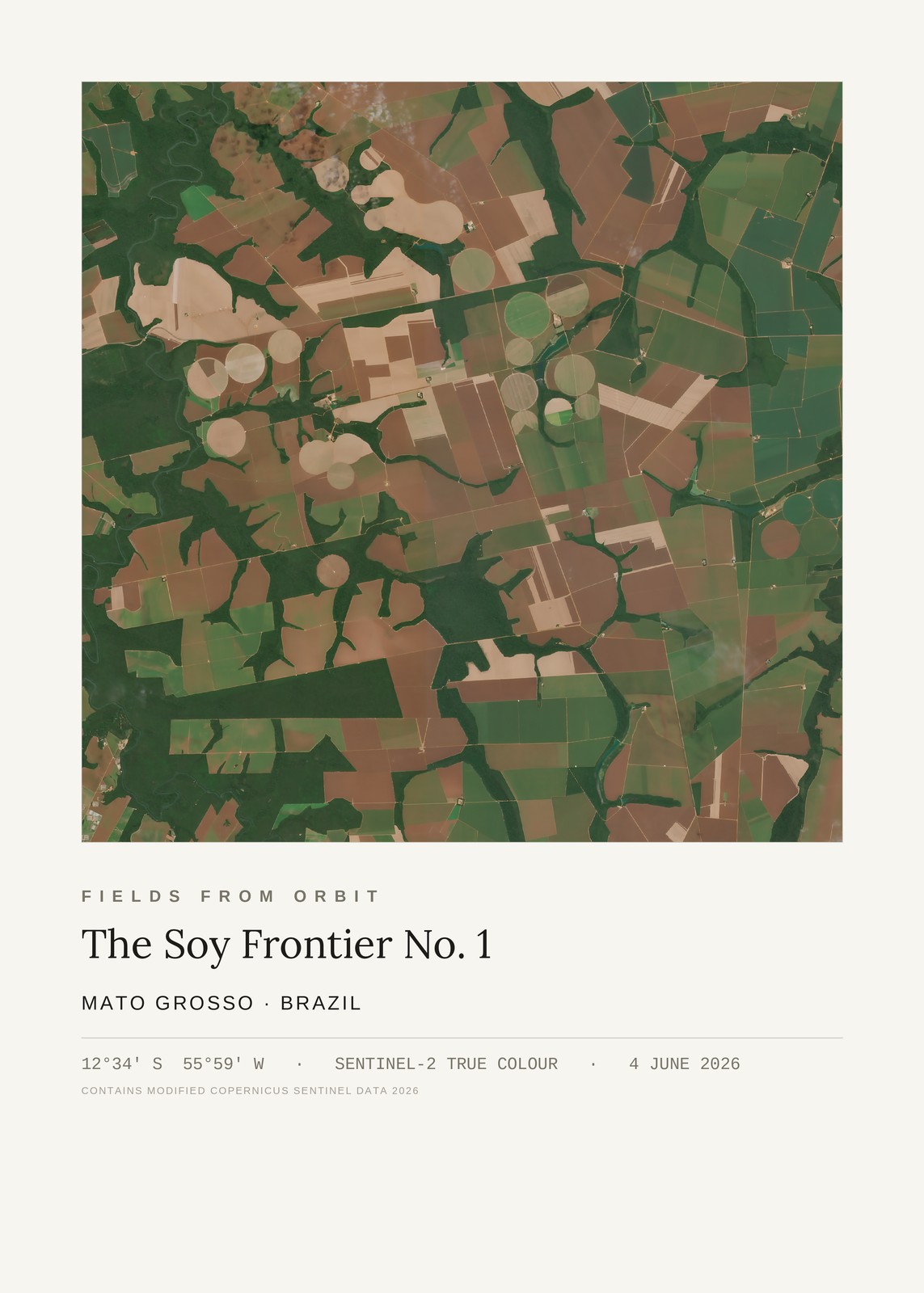 The Soy Frontier No. 1 — satellite art poster of Mato Grosso, Brazil, shown with its museum label