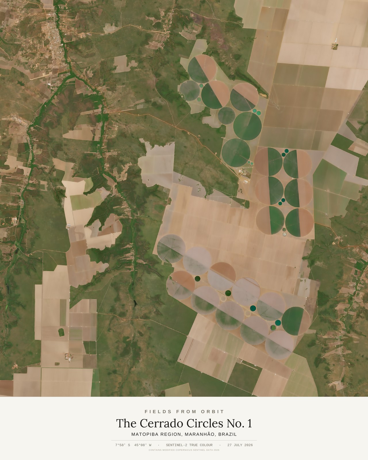 The Cerrado Circles No. 1 — satellite art poster of MATOPIBA region, Maranhão, Brazil, shown with its museum label