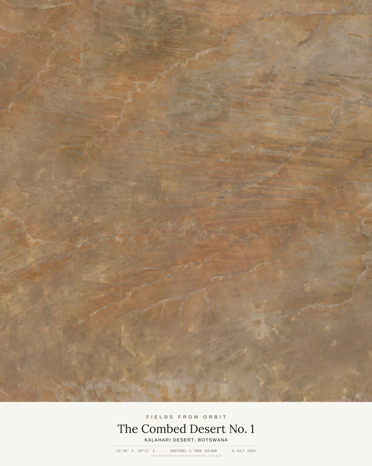 The Combed Desert No. 1 — satellite art poster of Kalahari Desert, Botswana, shown with its museum label