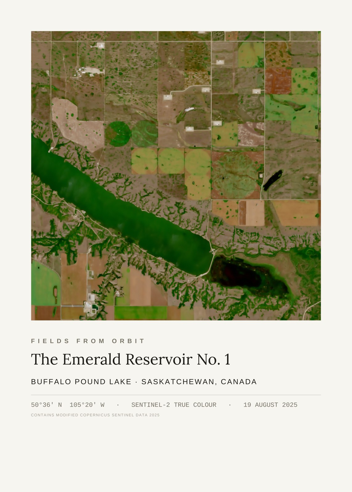 The Emerald Reservoir No. 1 — satellite art poster of Buffalo Pound Lake, Qu'Appelle valley, Saskatchewan, shown with its museum label