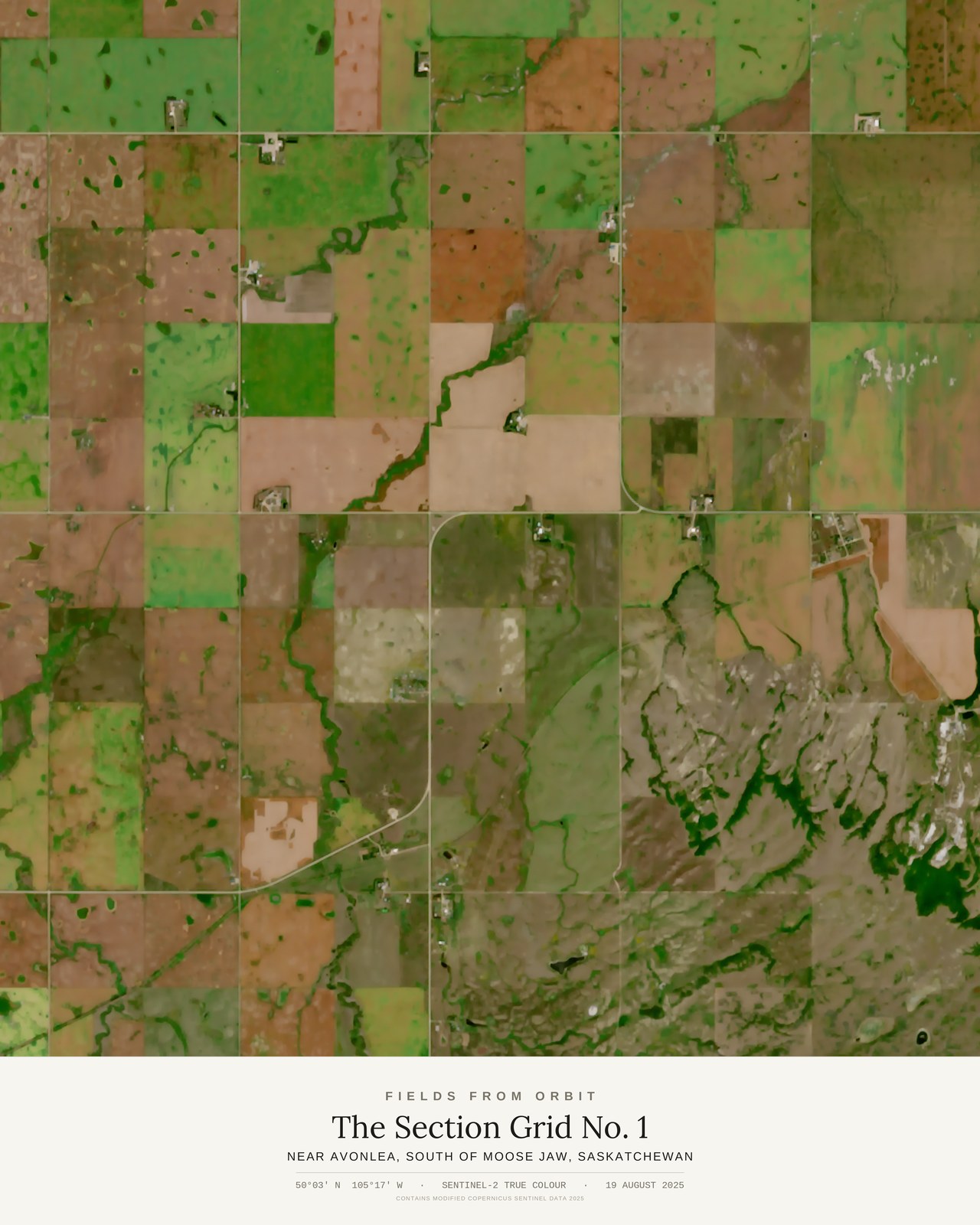 The Section Grid No. 1 — satellite art poster of Near Avonlea, south of Moose Jaw, Saskatchewan, shown with its museum label