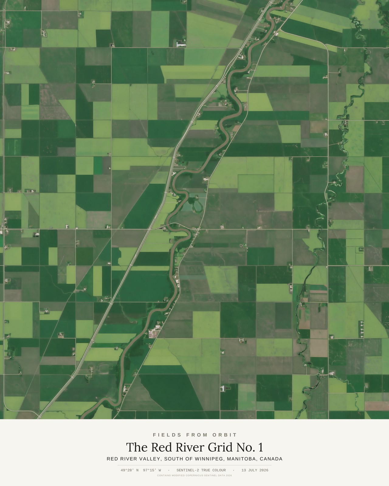 The Red River Grid No. 1 — satellite art poster of Red River Valley, south of Winnipeg, Manitoba, Canada, shown with its museum label