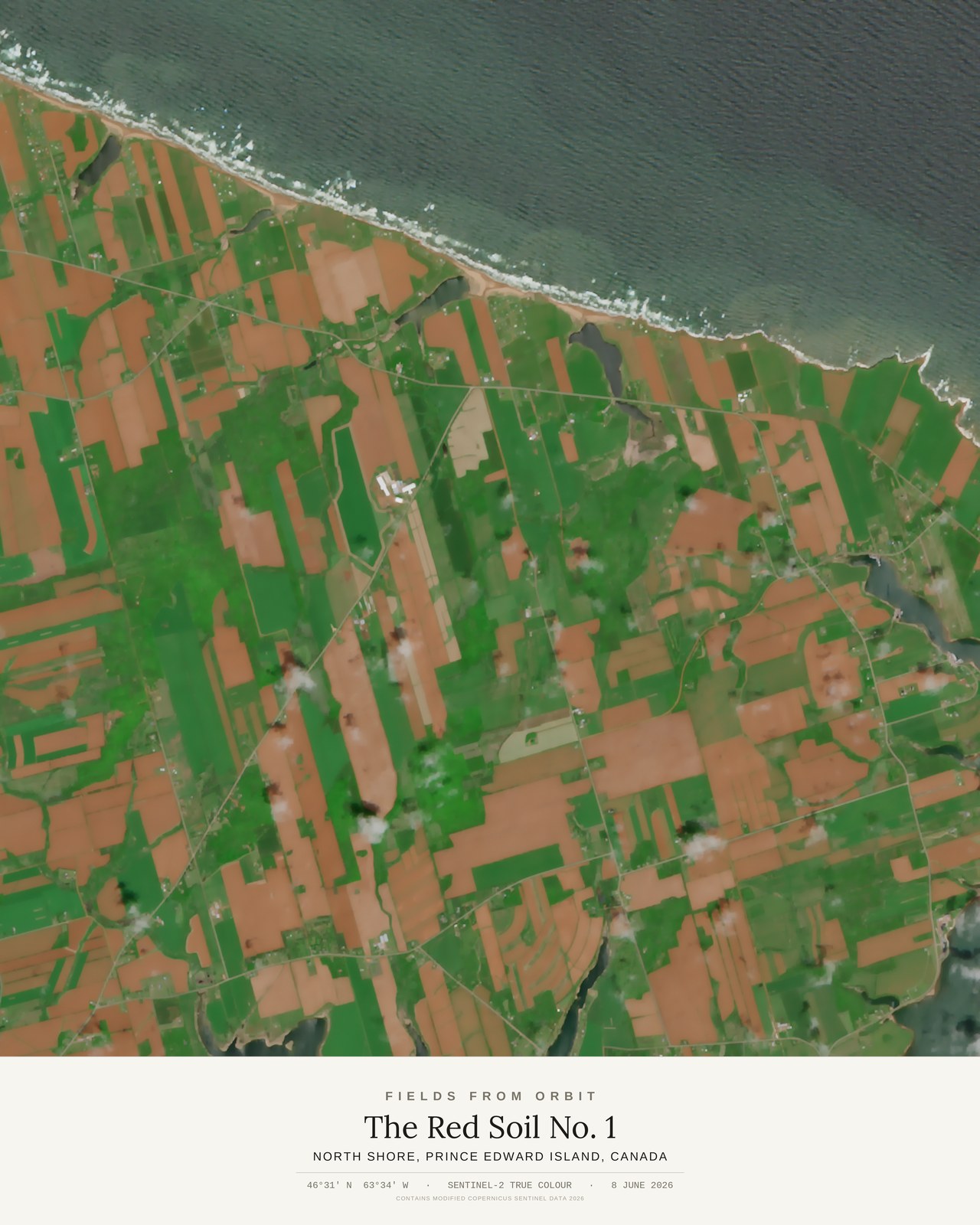 The Red Soil No. 1 — satellite art poster of North shore, Prince Edward Island, Canada, shown with its museum label