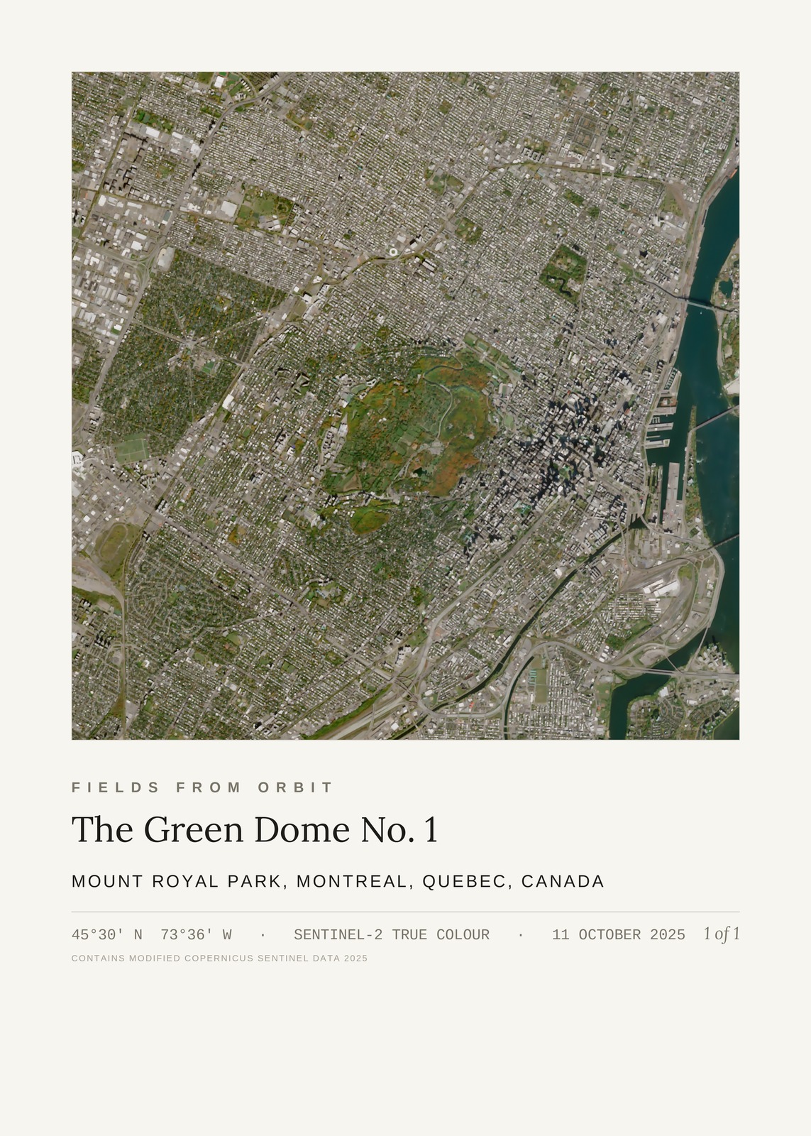The Green Dome No. 1 — satellite art poster of Mount Royal Park, Montreal, Quebec, Canada, shown with its museum label