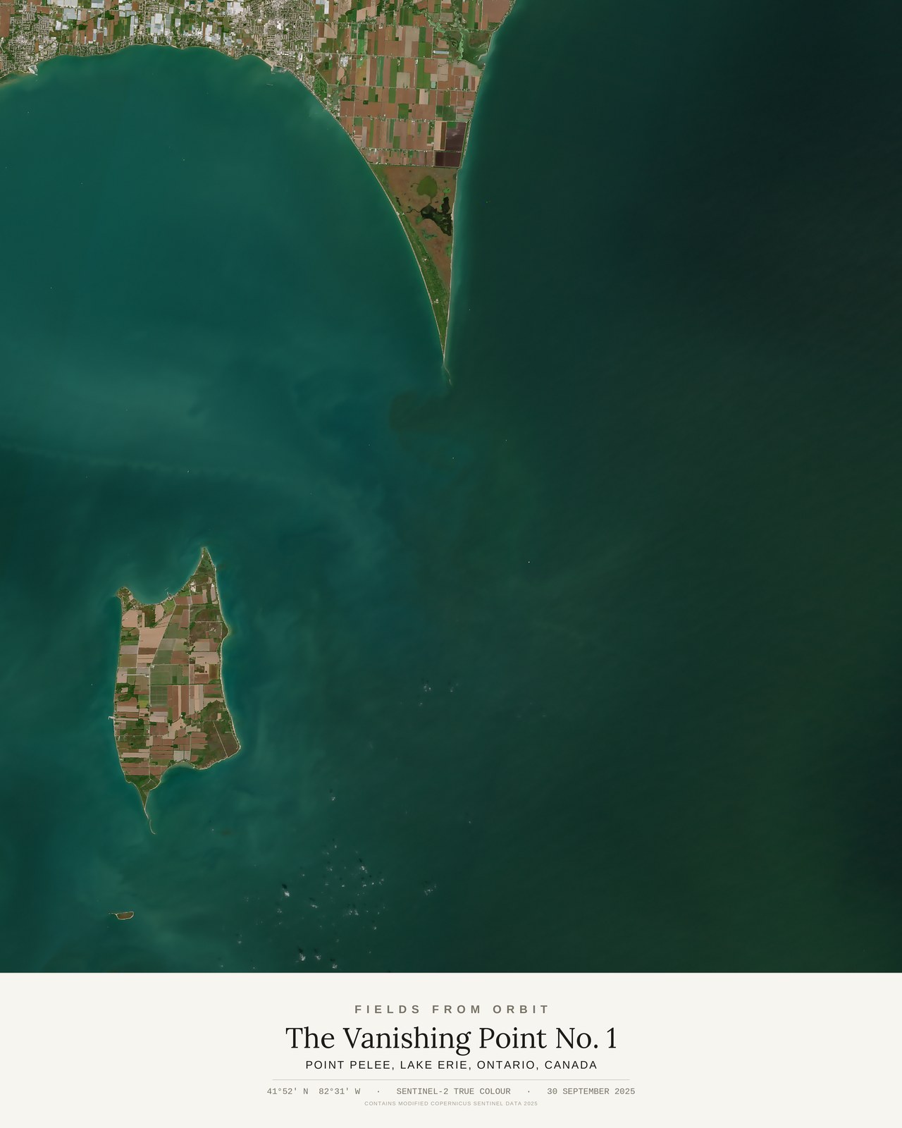 The Vanishing Point No. 1 — satellite art poster of Point Pelee, Lake Erie, Ontario, Canada, shown with its museum label