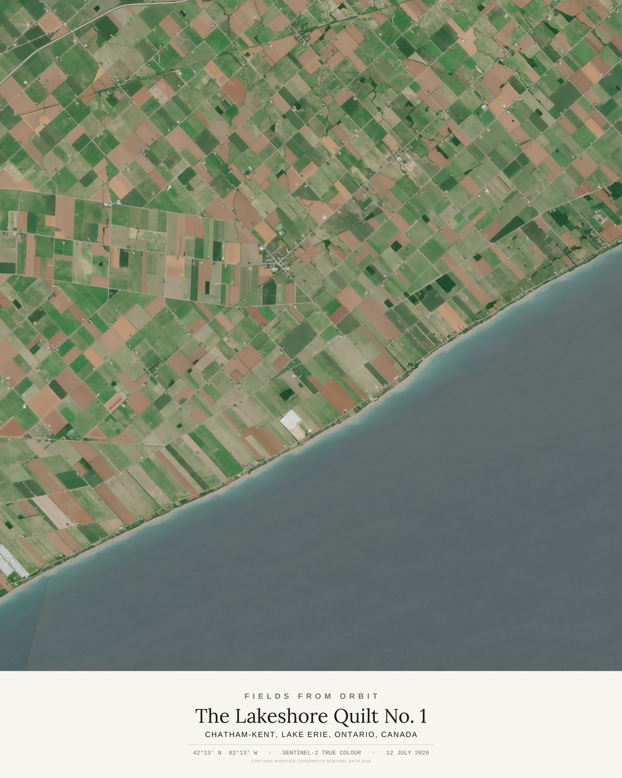 The Lakeshore Quilt No. 1 — satellite art poster of Chatham-Kent, Lake Erie, Ontario, Canada, shown with its museum label