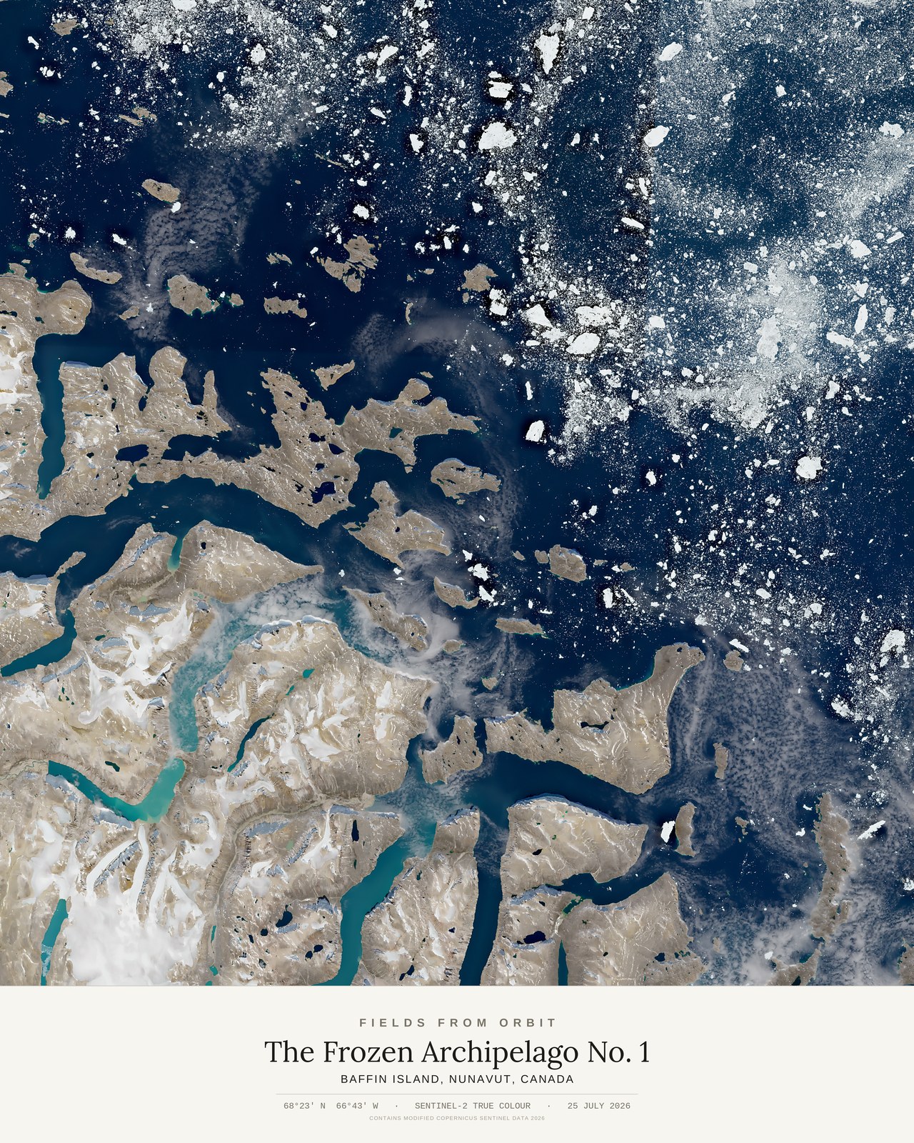 The Frozen Archipelago No. 1 — satellite art poster of Baffin Island, Nunavut, Canada, shown with its museum label