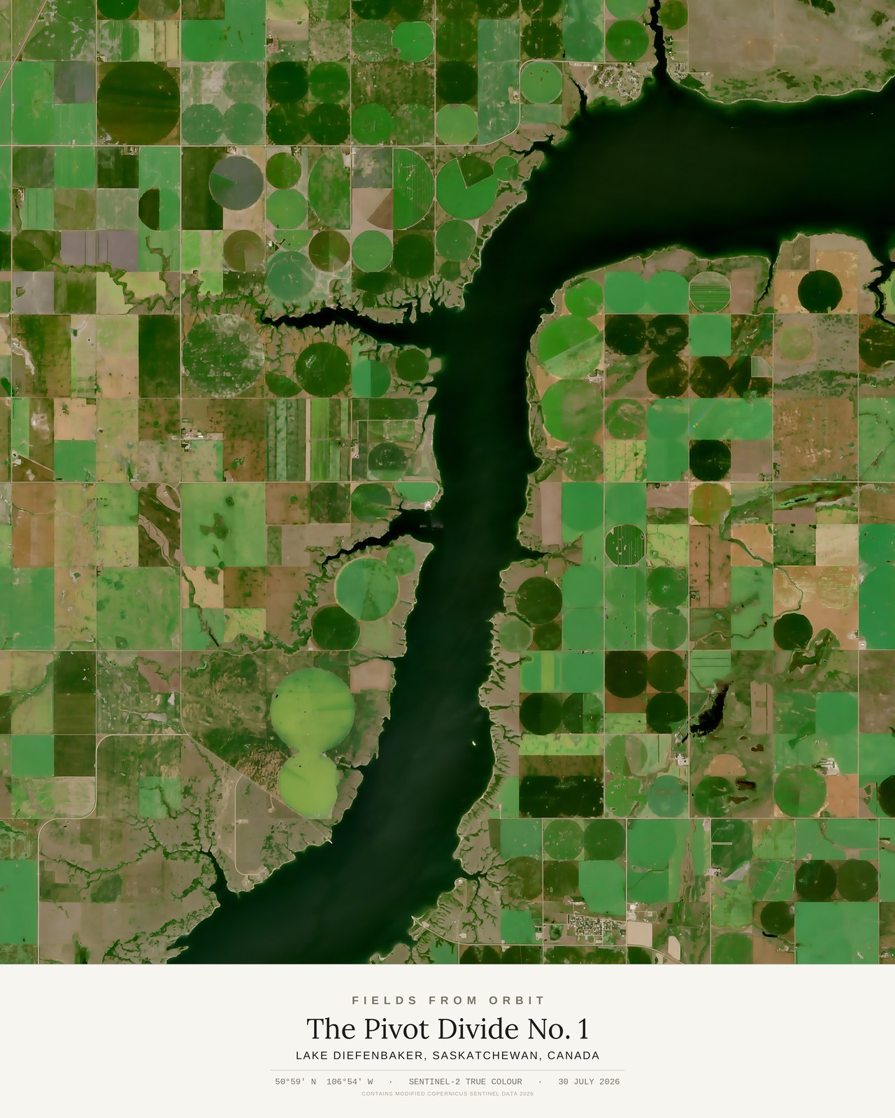 The Pivot Divide No. 1 — satellite art poster of Lake Diefenbaker, Saskatchewan, Canada, shown with its museum label