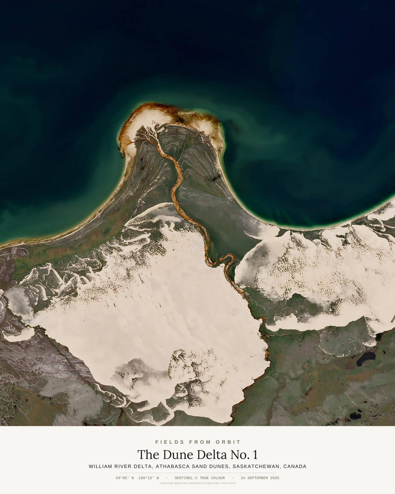 The Dune Delta No. 1 — satellite art poster of William River Delta, Athabasca Sand Dunes, Saskatchewan, Canada, shown with its museum label