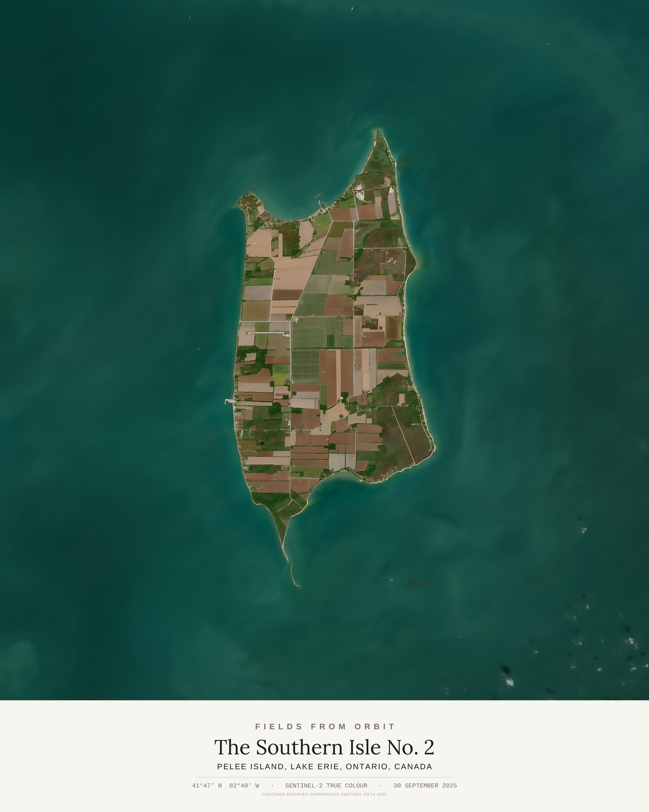 The Southern Isle No. 2 — satellite art poster of Pelee Island, Lake Erie, Ontario, Canada, shown with its museum label