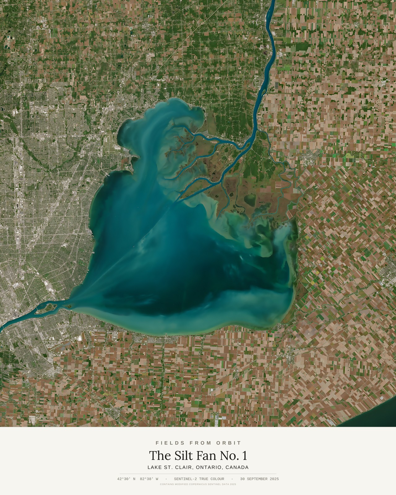 The Silt Fan No. 1 — satellite art poster of Lake St. Clair, Ontario, Canada, shown with its museum label