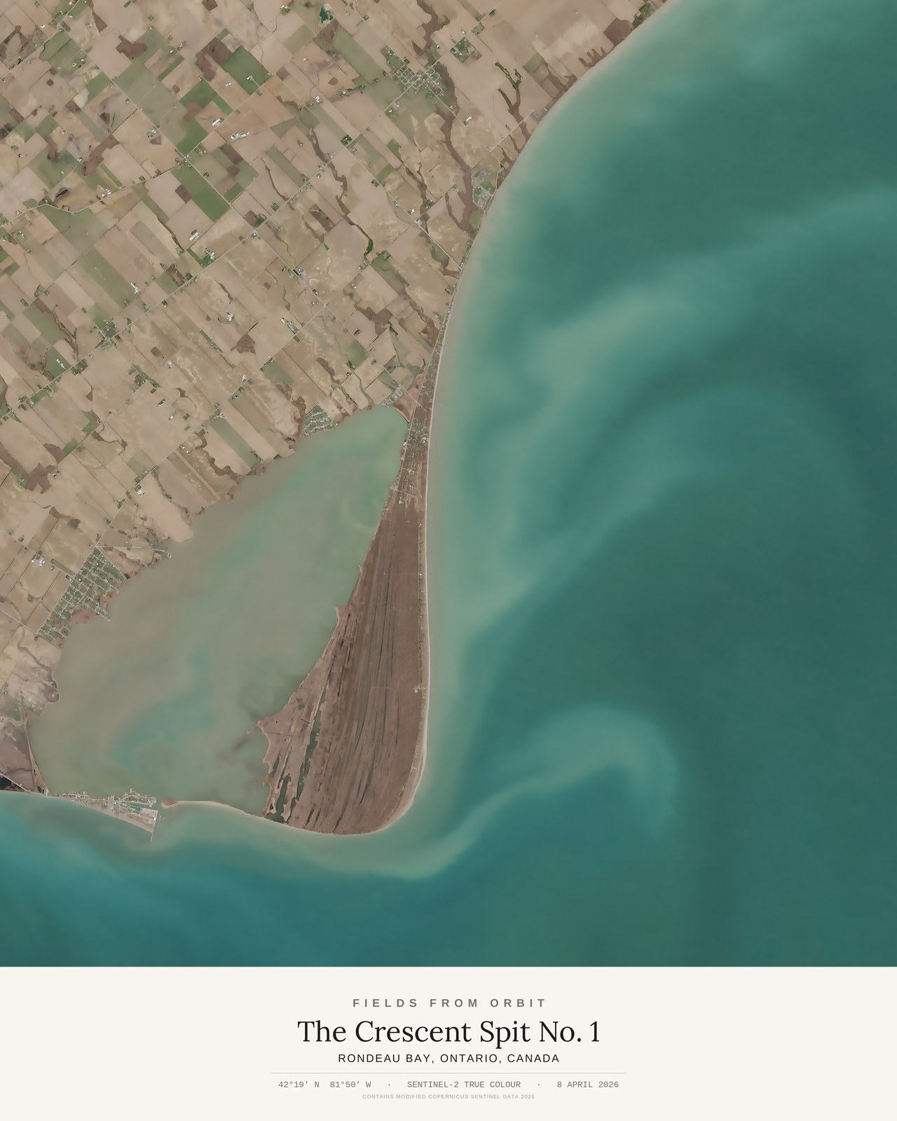The Crescent Spit No. 1 — satellite art poster of Rondeau Bay, Ontario, Canada, shown with its museum label