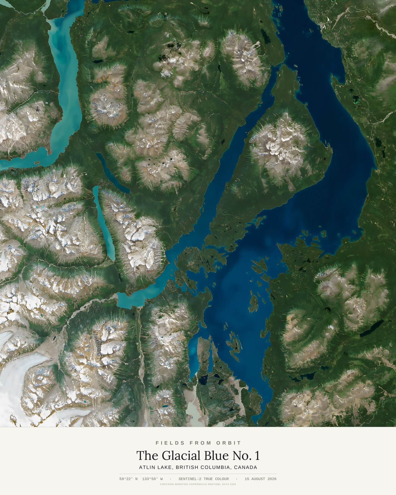 The Glacial Blue No. 1 — satellite art poster of Atlin Lake, British Columbia, Canada, shown with its museum label