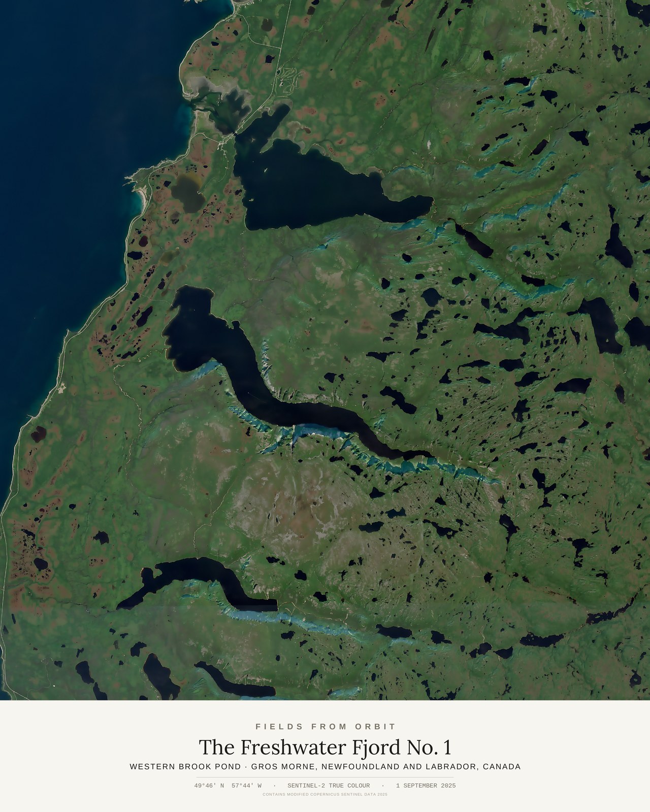 The Freshwater Fjord No. 1 — satellite art poster of Western Brook Pond, Gros Morne National Park, Newfoundland and Labrador, Canada, shown with its museum label