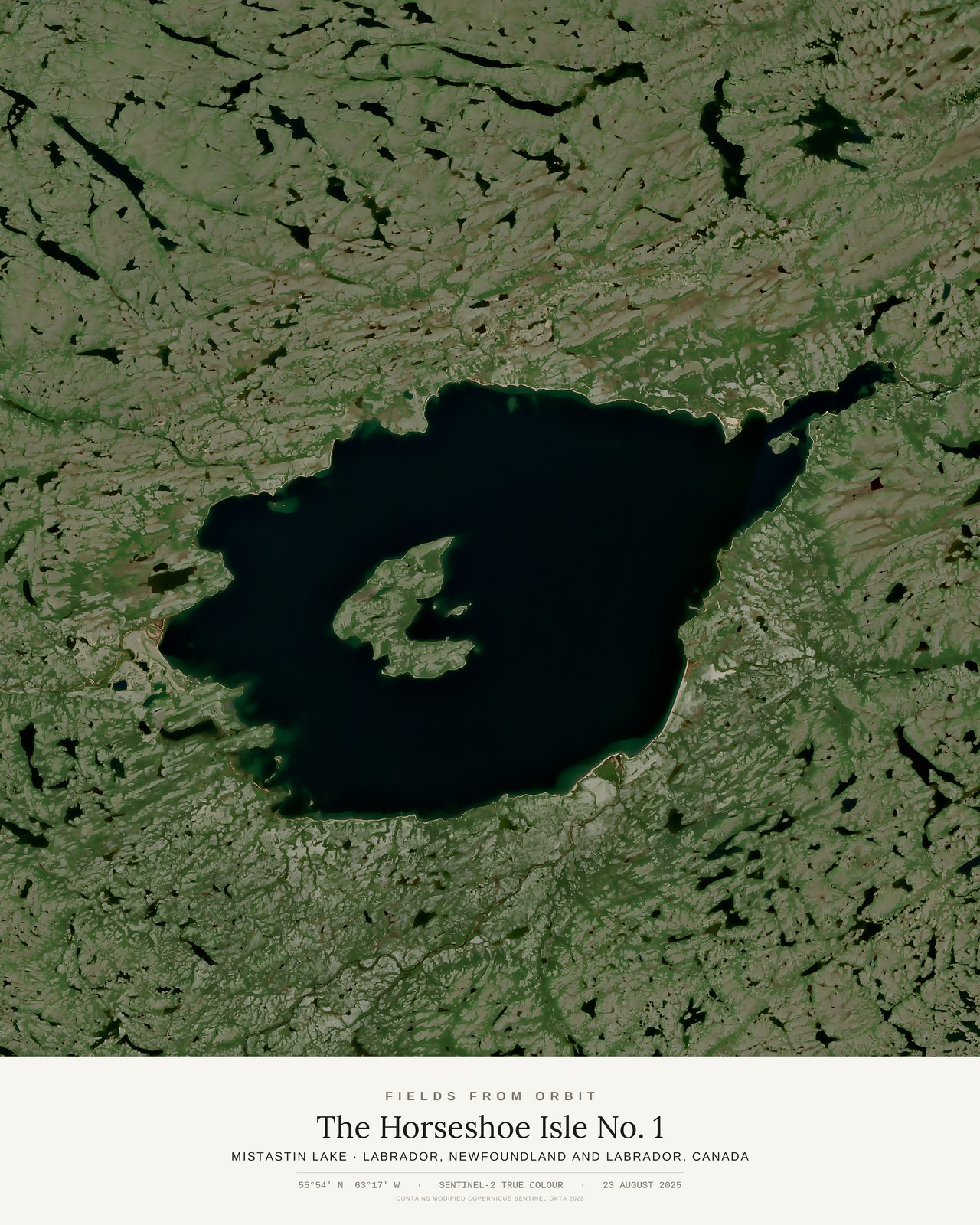 The Horseshoe Isle No. 1 — satellite art poster of Mistastin Lake, Labrador, Newfoundland and Labrador, Canada, shown with its museum label