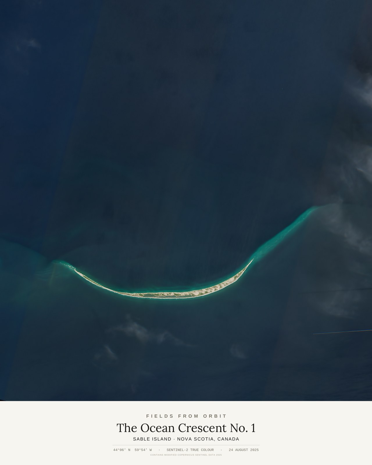 The Ocean Crescent No. 1 — satellite art poster of Sable Island, Nova Scotia, Canada, shown with its museum label