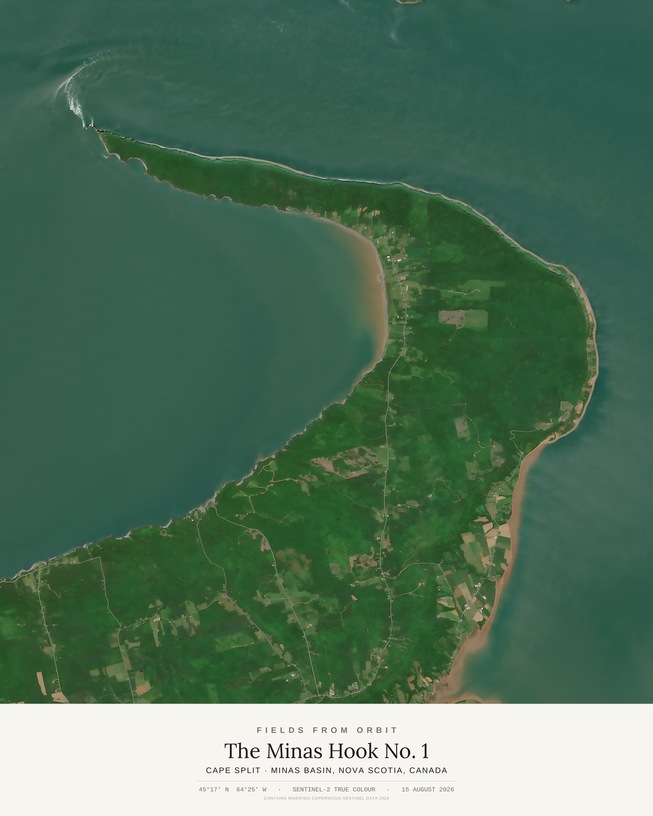 The Minas Hook No. 1 — satellite art poster of Cape Split, Minas Basin, Nova Scotia, Canada, shown with its museum label