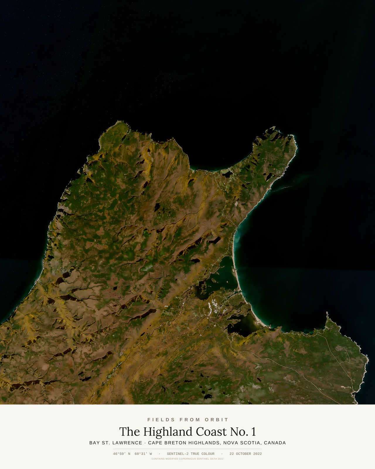 The Highland Coast No. 1 — satellite art poster of Bay St. Lawrence, Cape Breton Highlands, Nova Scotia, Canada, shown with its museum label