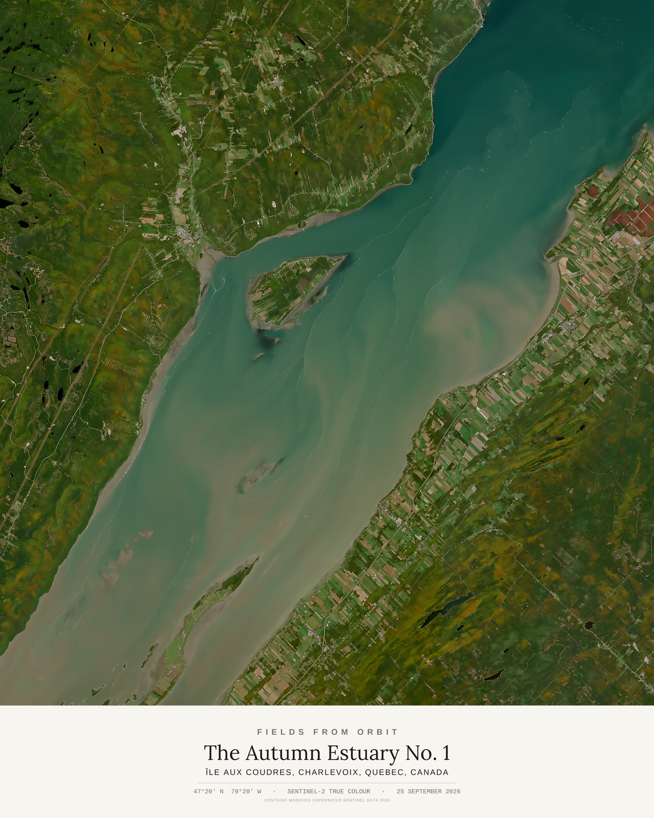 The Autumn Estuary No. 1 — satellite art poster of Île aux Coudres, Charlevoix, Quebec, Canada, shown with its museum label