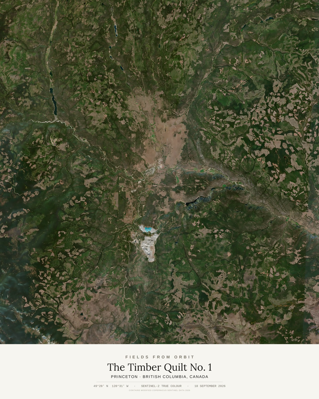 The Timber Quilt No. 1 — satellite art poster of Princeton, British Columbia, Canada, shown with its museum label