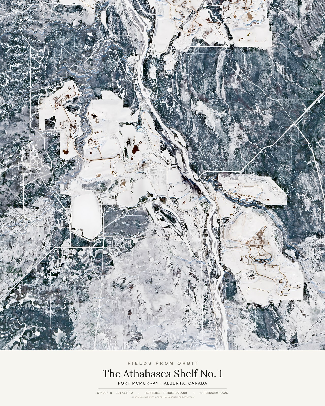 The Athabasca Shelf No. 1 — satellite art poster of Fort McMurray, Alberta, Canada, shown with its museum label