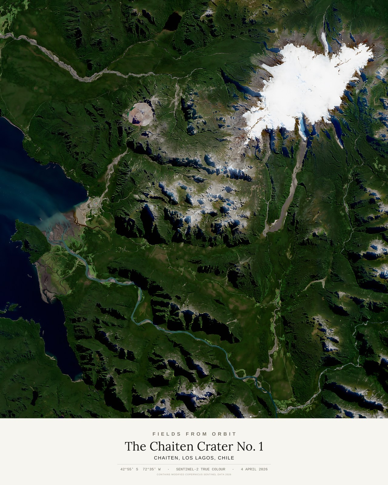 The Chaiten Crater No. 1 — satellite art poster of Chaiten, Los Lagos, Chile, shown with its museum label