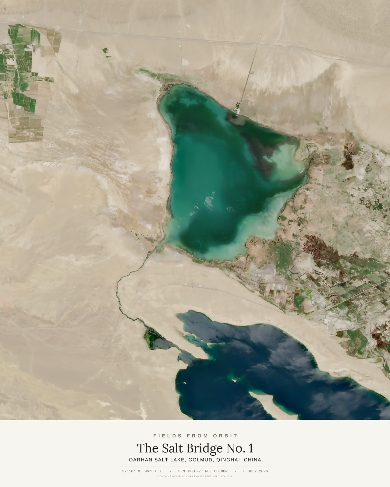 The Salt Bridge No. 1 — satellite art poster of Qarhan Salt Lake, Golmud, Qinghai, China, shown with its museum label