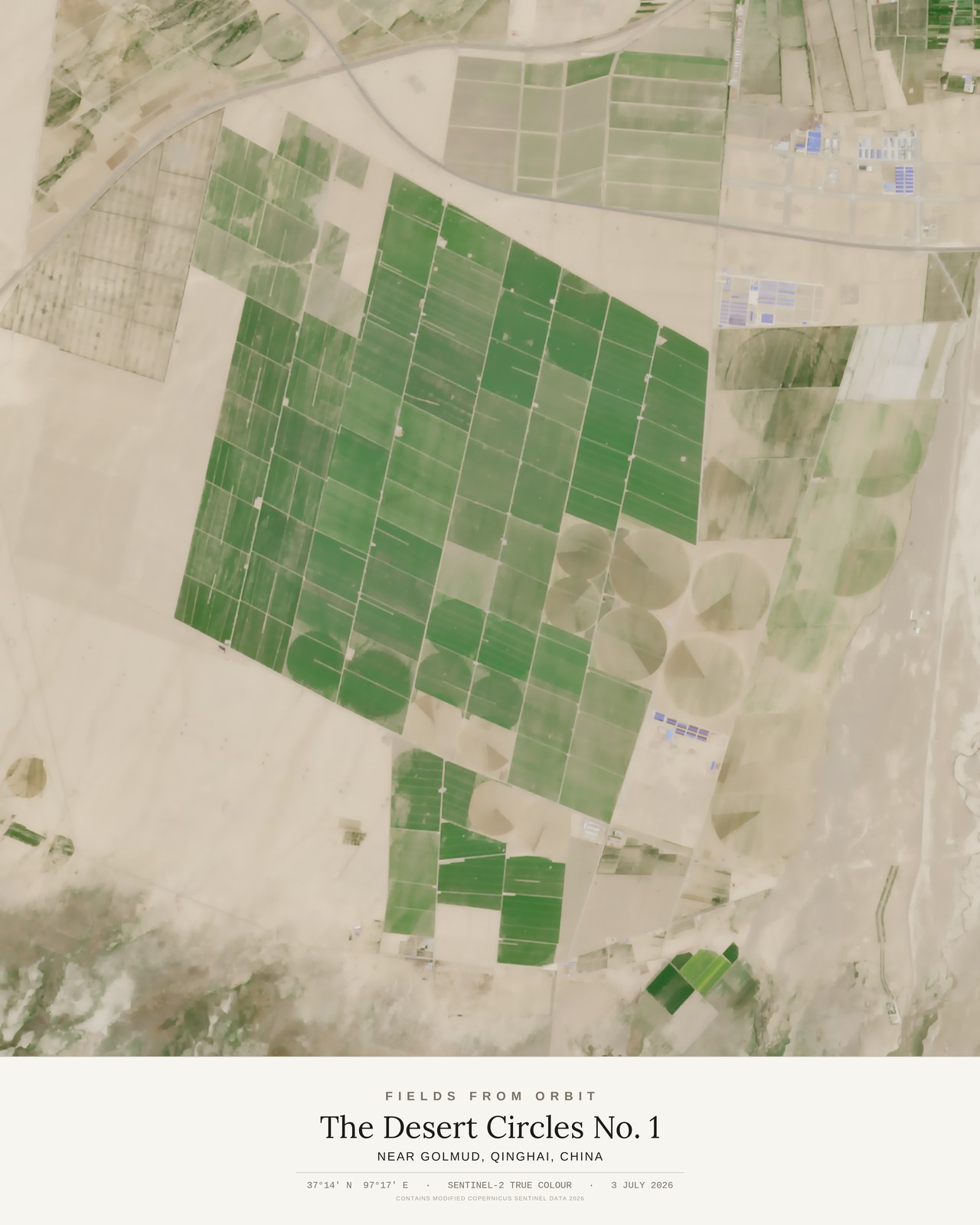 The Desert Circles No. 1 — satellite art poster of Near Golmud, Qinghai, China, shown with its museum label