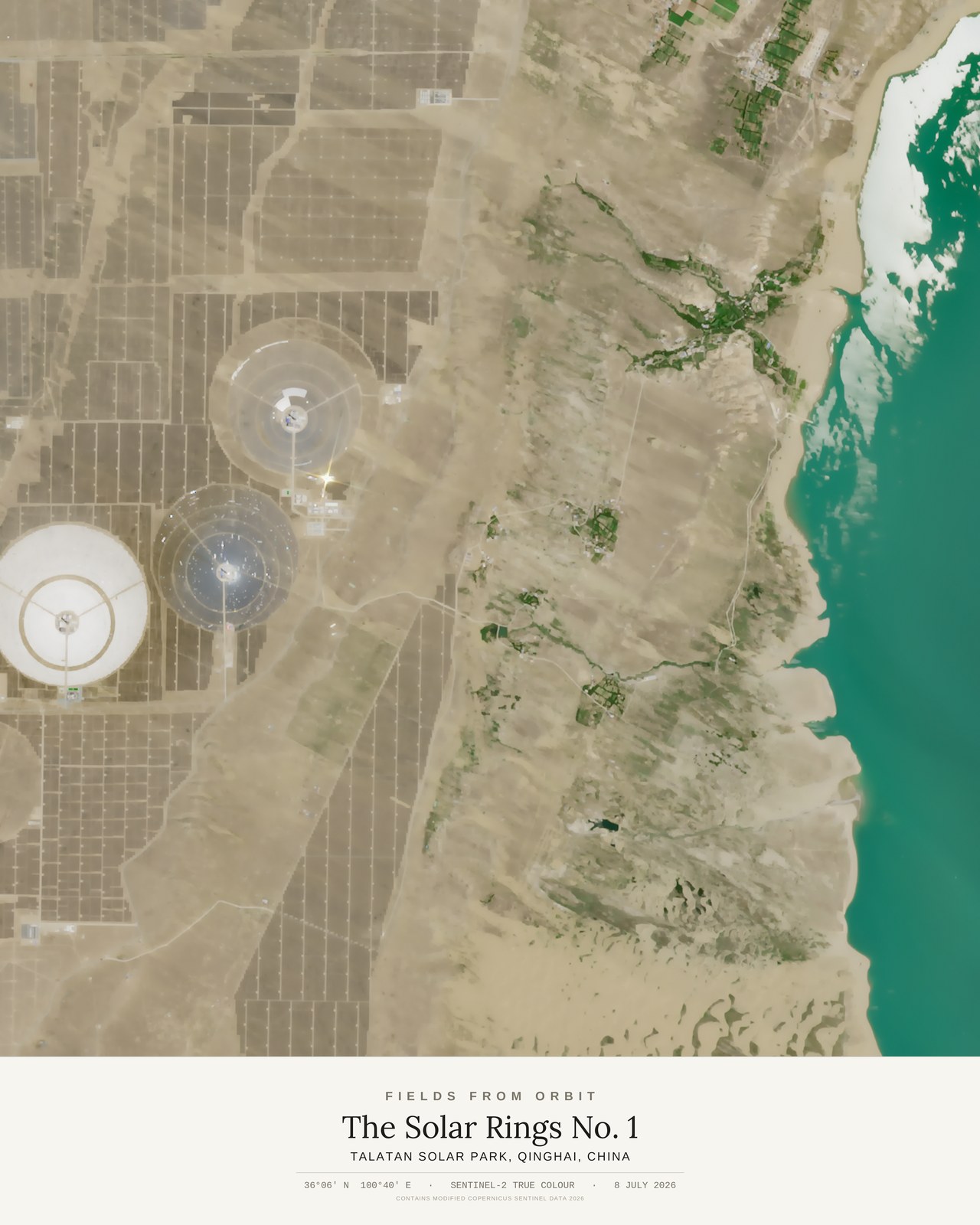The Solar Rings No. 1 — satellite art poster of Talatan Solar Park, Qinghai, China, shown with its museum label