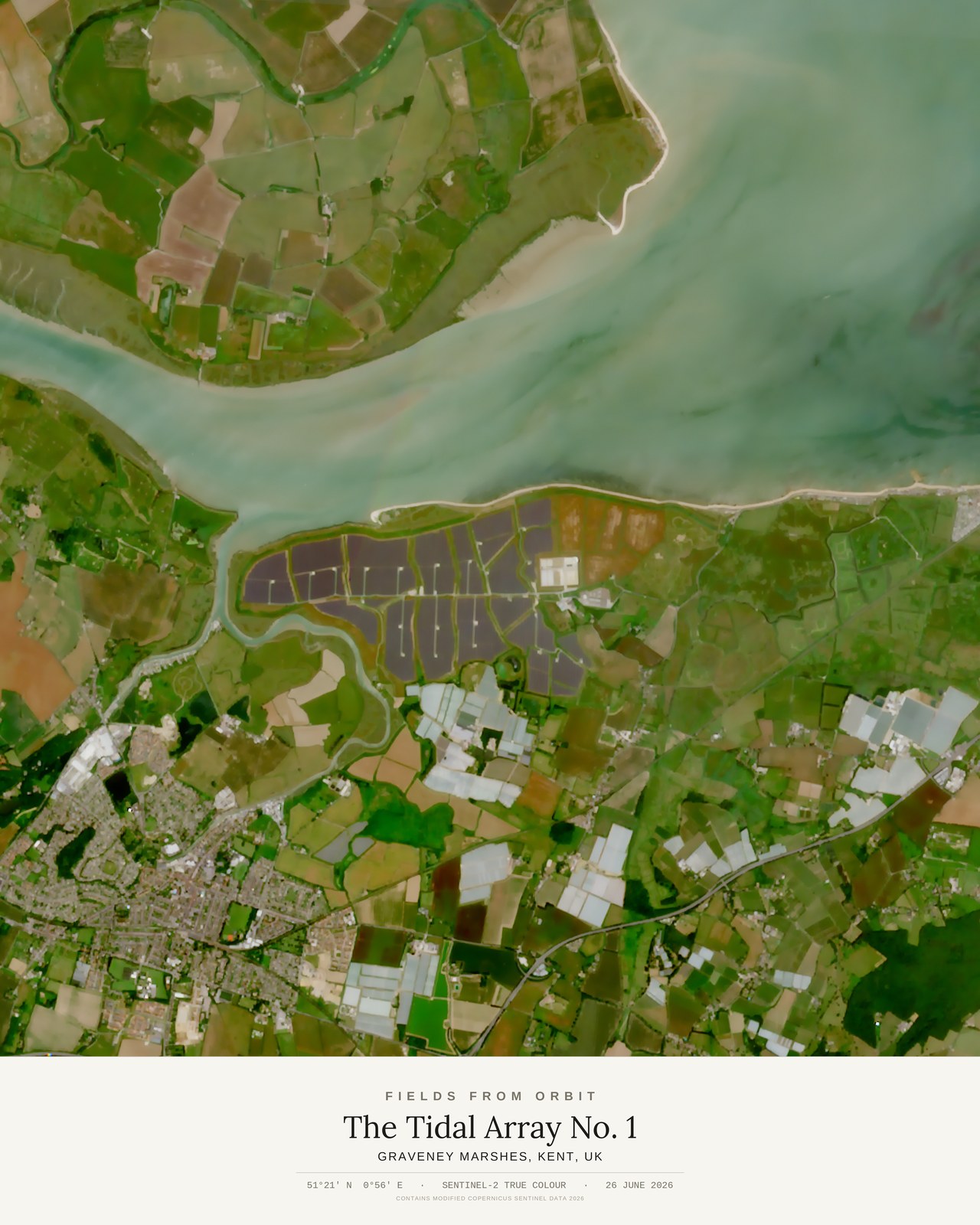 The Tidal Array No. 1 — satellite art poster of Graveney Marshes, Kent, UK, shown with its museum label