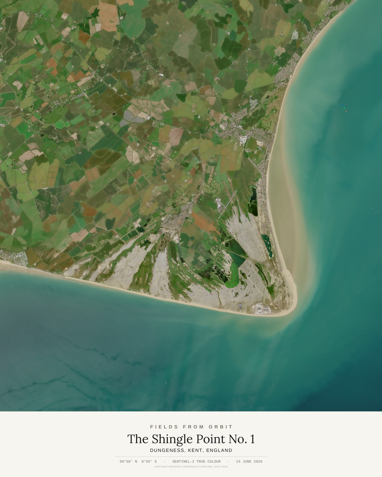 The Shingle Point No. 1 — satellite art poster of Dungeness, Kent, England, shown with its museum label
