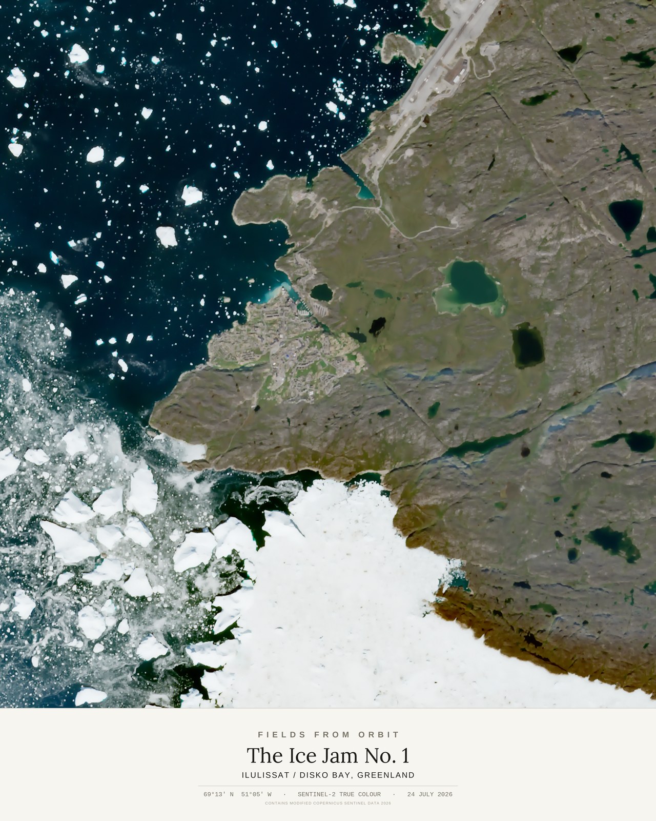 The Ice Jam No. 1 — satellite art poster of Ilulissat / Disko Bay, Greenland, shown with its museum label