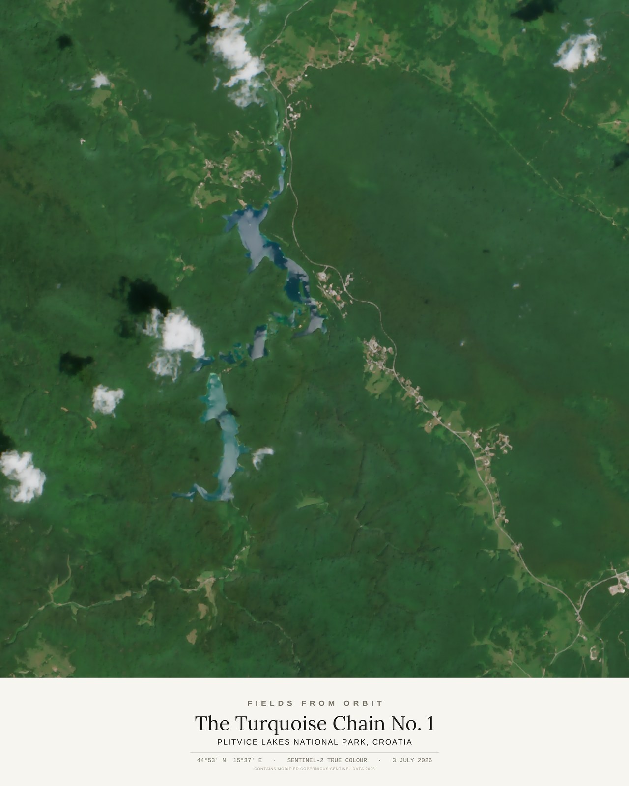 The Turquoise Chain No. 1 — satellite art poster of Plitvice Lakes National Park, Croatia, shown with its museum label