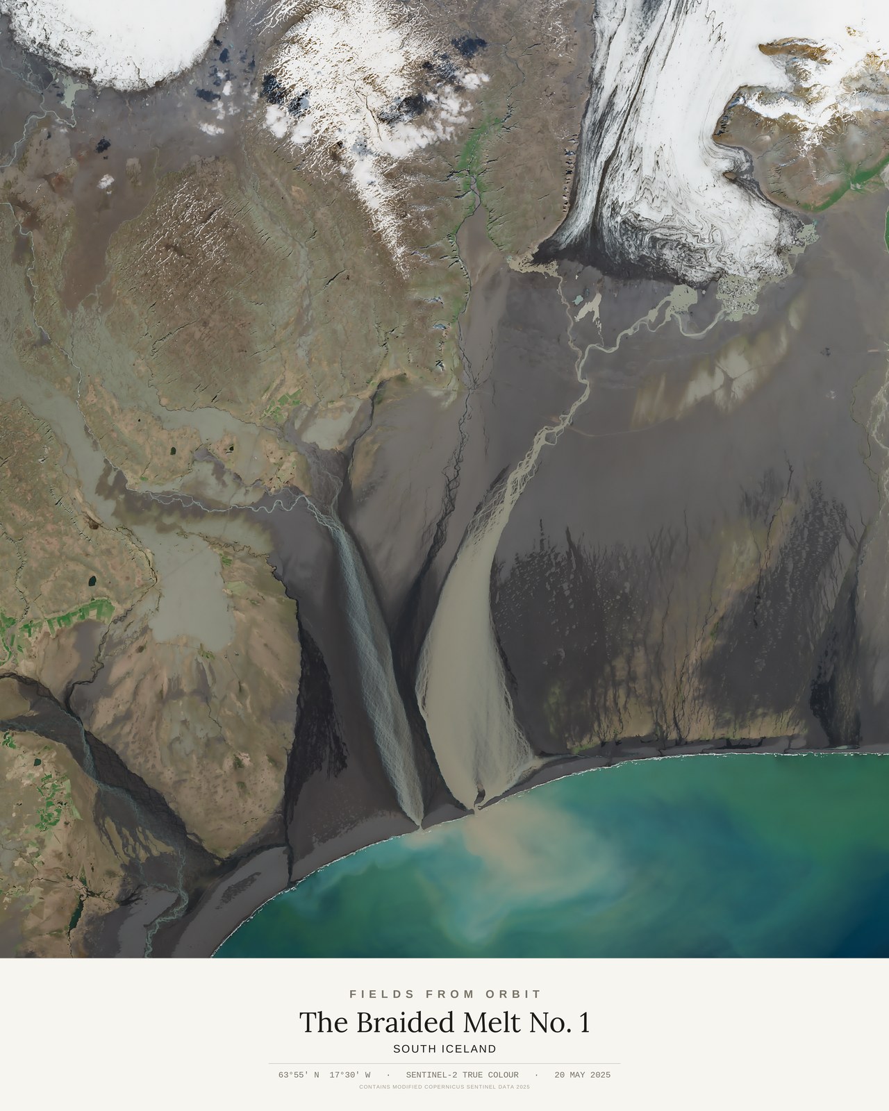 The Braided Melt No. 1 — satellite art poster of South Iceland, shown with its museum label
