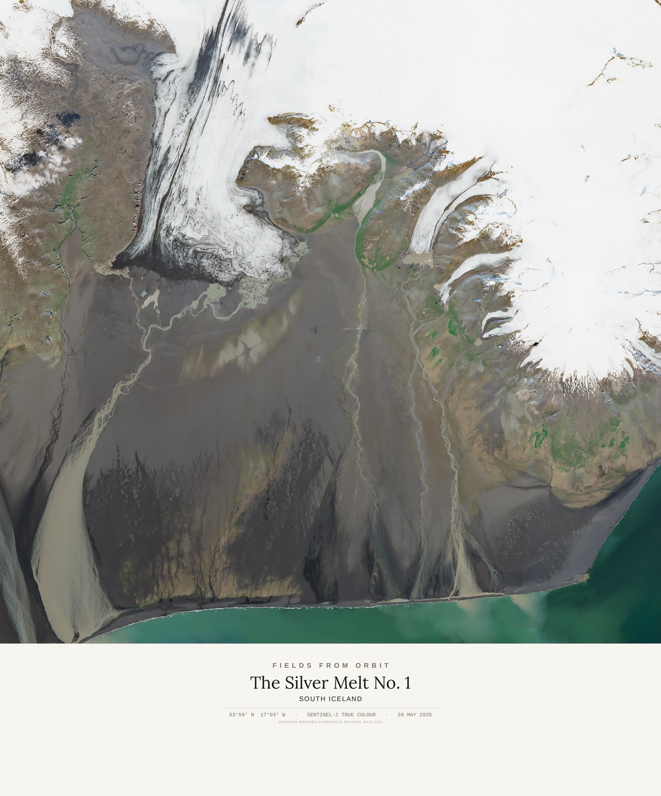 The Silver Melt No. 1 — satellite art print of South Iceland, shown with its museum label