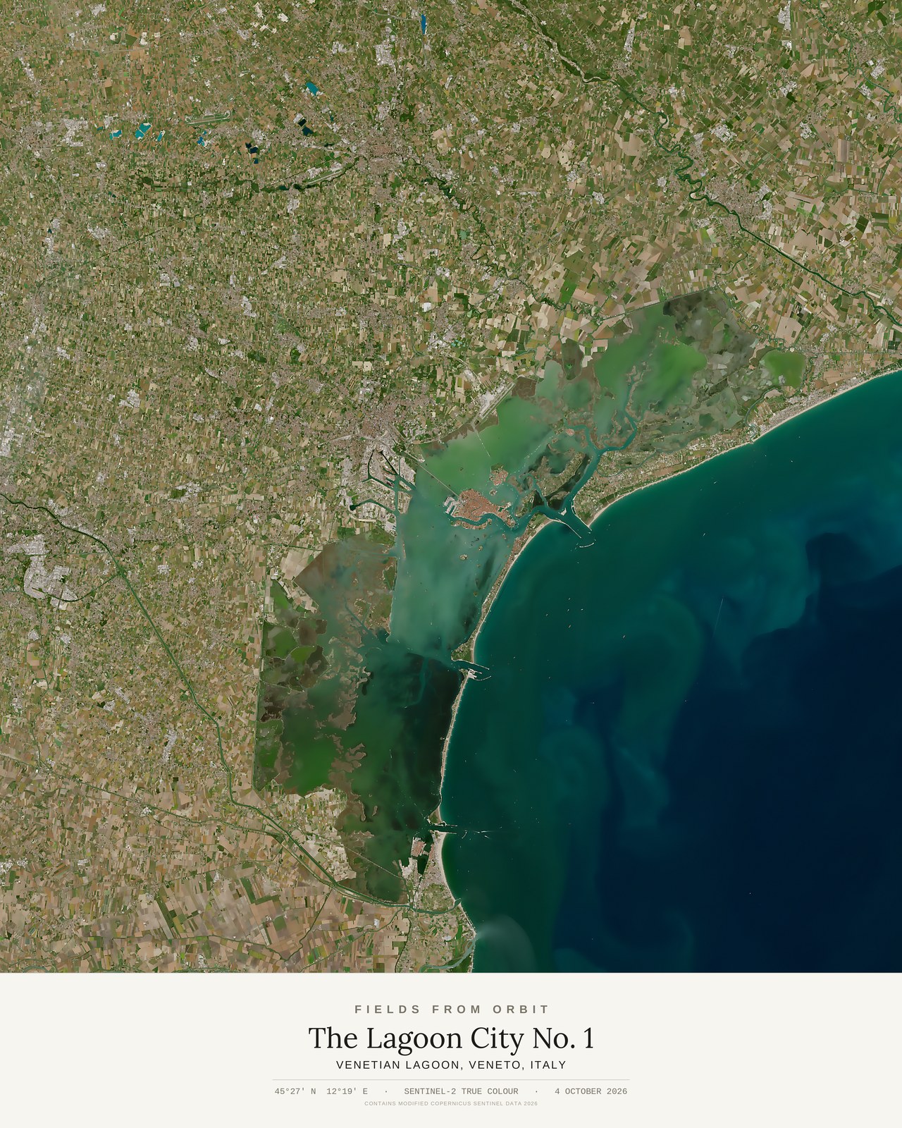 The Lagoon City No. 1 — satellite art poster of Venetian Lagoon, Veneto, Italy, shown with its museum label