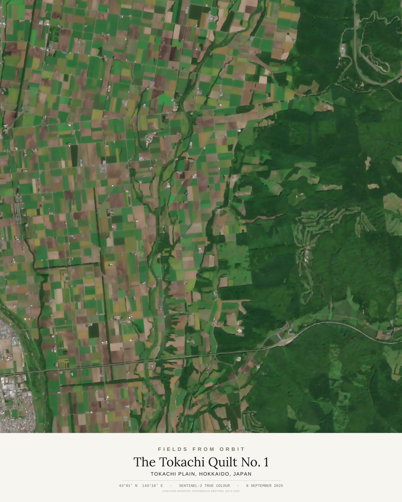 The Tokachi Quilt No. 1 — satellite art poster of Tokachi Plain, Hokkaido, Japan, shown with its museum label