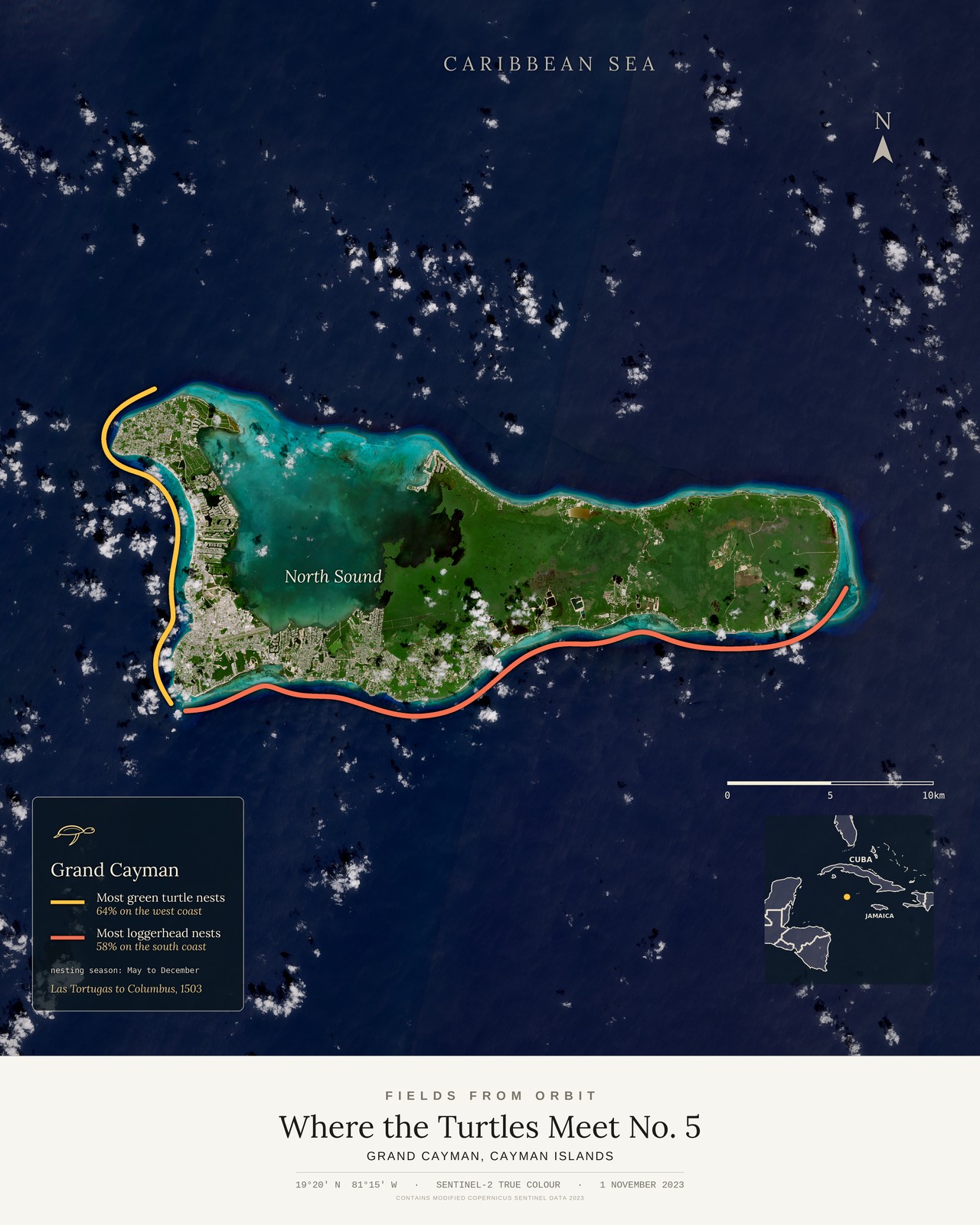 Where the Turtles Meet No. 5 — satellite art poster of Grand Cayman, Cayman Islands, shown with its museum label