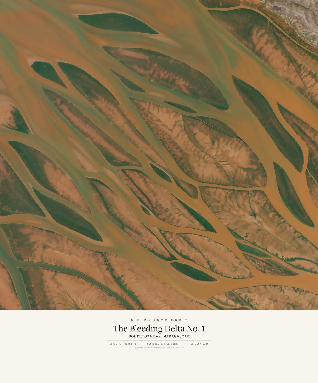 The Bleeding Delta No. 1 — satellite art print of Bombetoka Bay · Madagascar, shown with its museum label