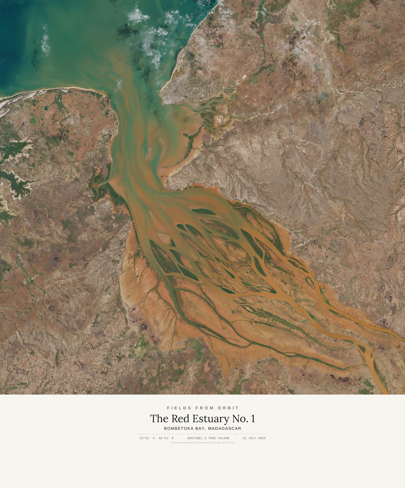 The Red Estuary No. 1 — satellite art print of Bombetoka Bay · Madagascar, shown with its museum label